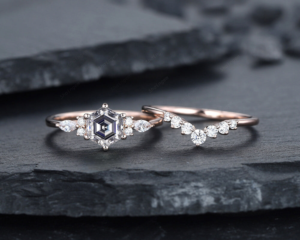 Unique Hexagon Gray Moissanite Engagement Ring Set, Vintage Moissanite and Diamond Wedding Ring, 14K Rose Gold Moissanite Promise Ring Gift - ShainJewelry