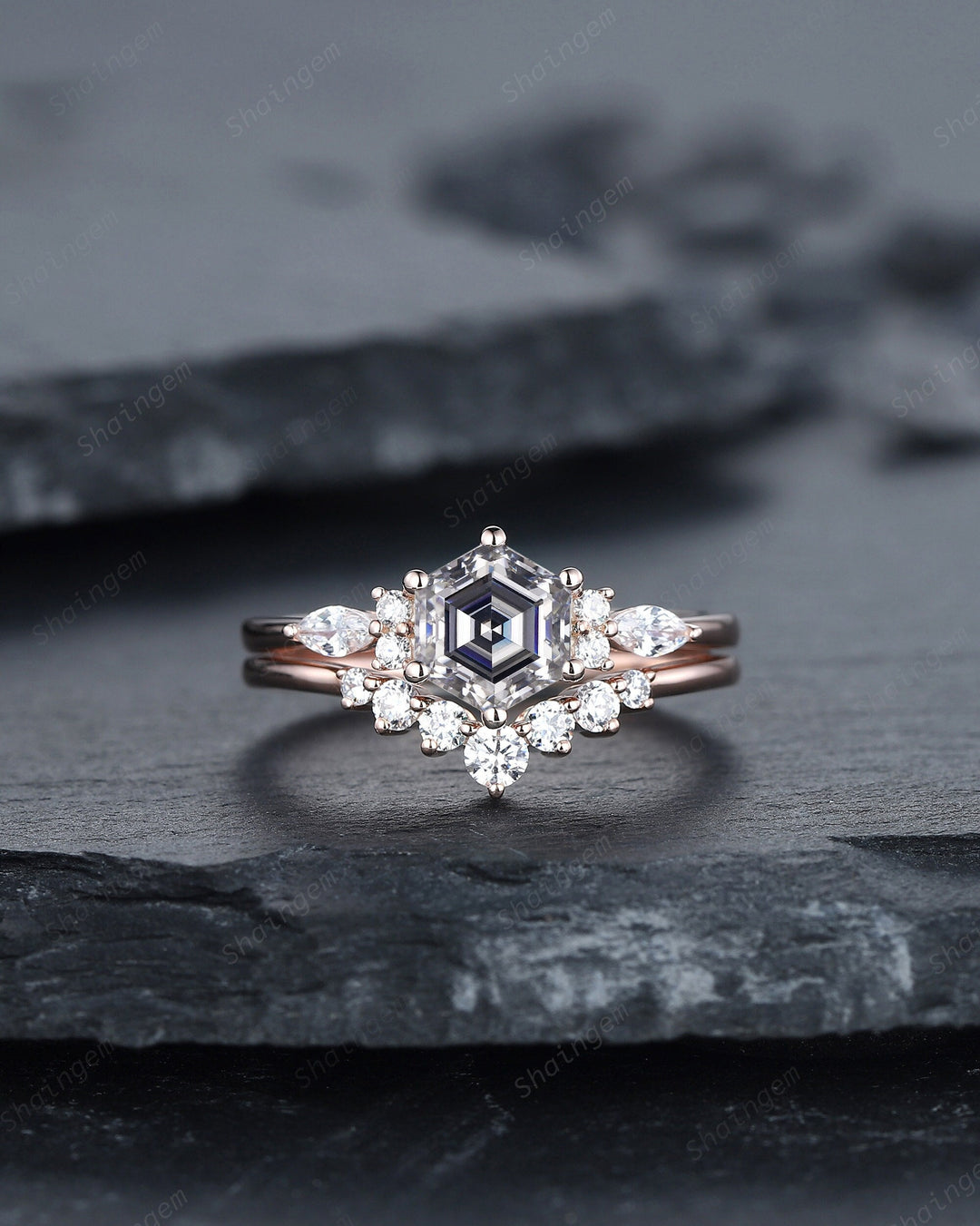 Unique Hexagon Gray Moissanite Engagement Ring Set, Vintage Moissanite and Diamond Wedding Ring, 14K Rose Gold Moissanite Promise Ring Gift - ShainJewelry