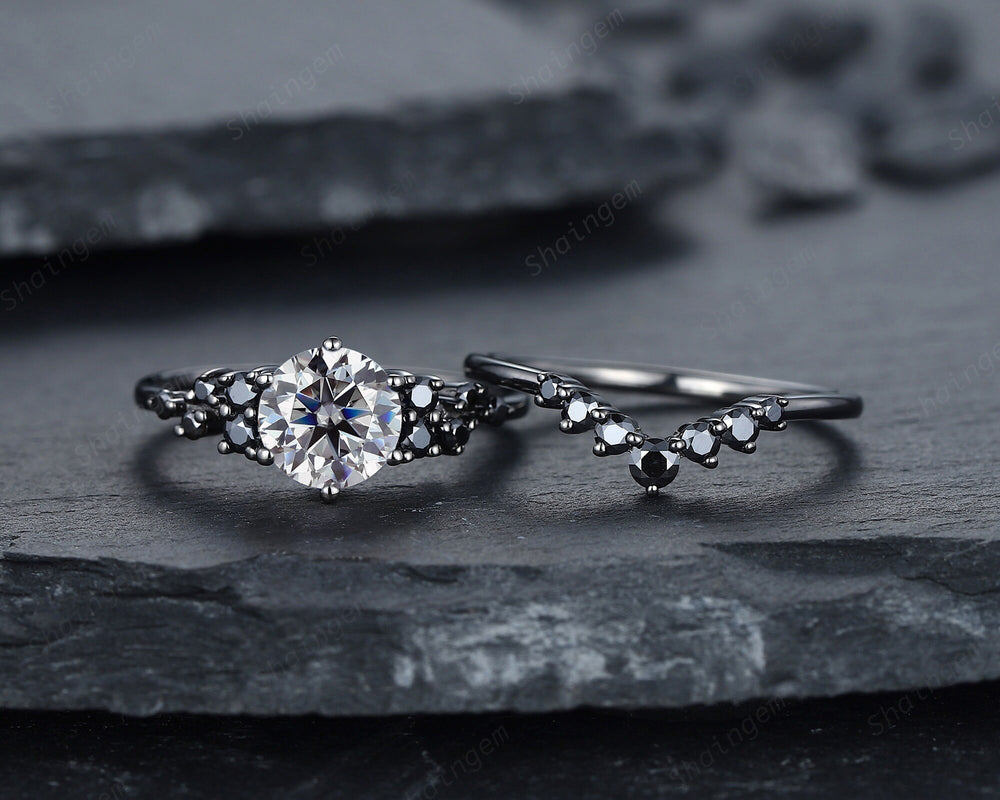 Gothic Round Gray Moissanite Engagement Ring Set, Black Gold Grey Moissaite Promise Ring, Rhodium Black Bridal Set, Black Wedding Ring Gift - ShainJewelry