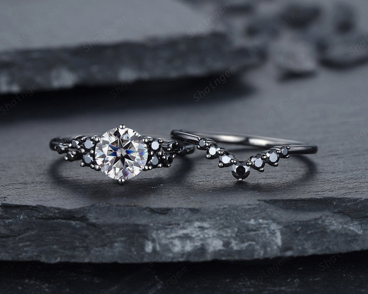 Gothic Round Gray Moissanite Engagement Ring Set, Black Gold Grey Moissaite Promise Ring, Rhodium Black Bridal Set, Black Wedding Ring Gift - ShainJewelry
