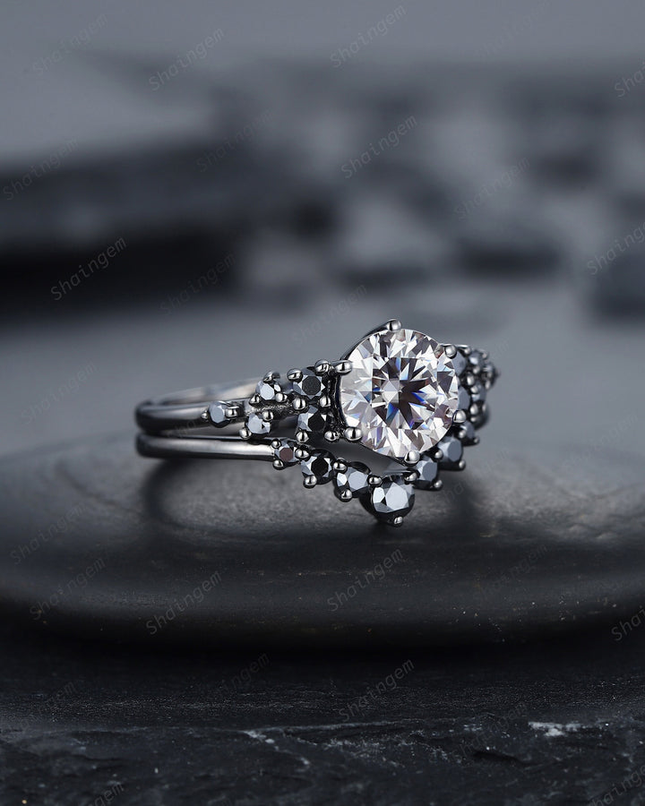 Gothic Round Gray Moissanite Engagement Ring Set, Black Gold Grey Moissaite Promise Ring, Rhodium Black Bridal Set, Black Wedding Ring Gift - ShainJewelry