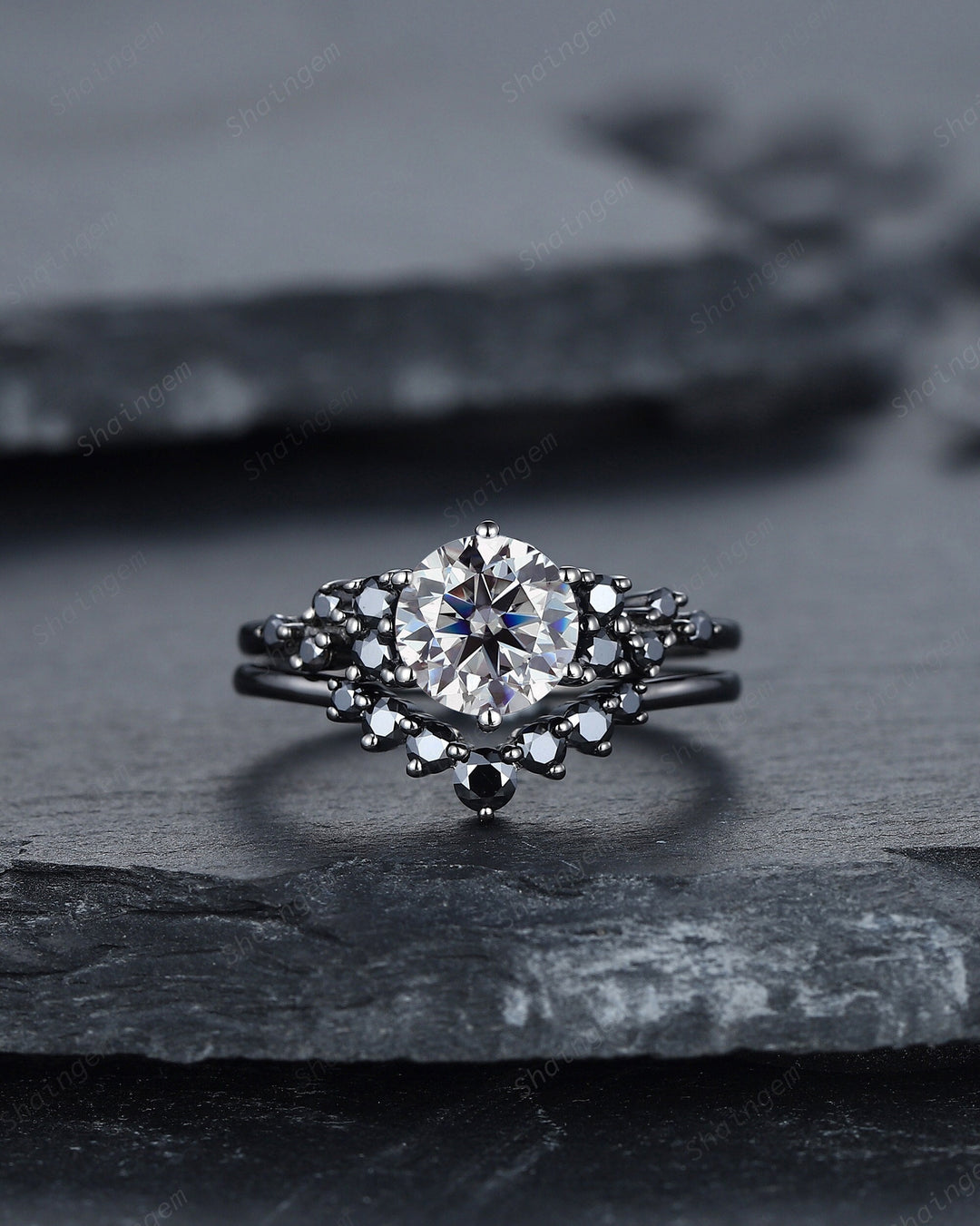 Gothic Round Gray Moissanite Engagement Ring Set, Black Gold Grey Moissaite Promise Ring, Rhodium Black Bridal Set, Black Wedding Ring Gift - ShainJewelry