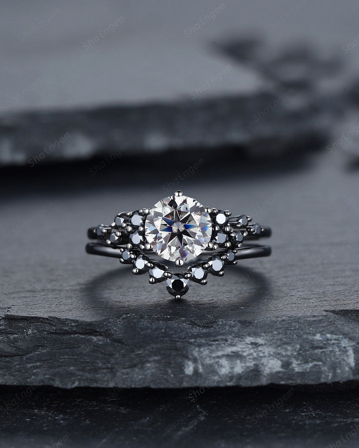 Gothic Round Gray Moissanite Engagement Ring Set, Black Gold Grey Moissaite Promise Ring, Rhodium Black Bridal Set, Black Wedding Ring Gift - ShainJewelry