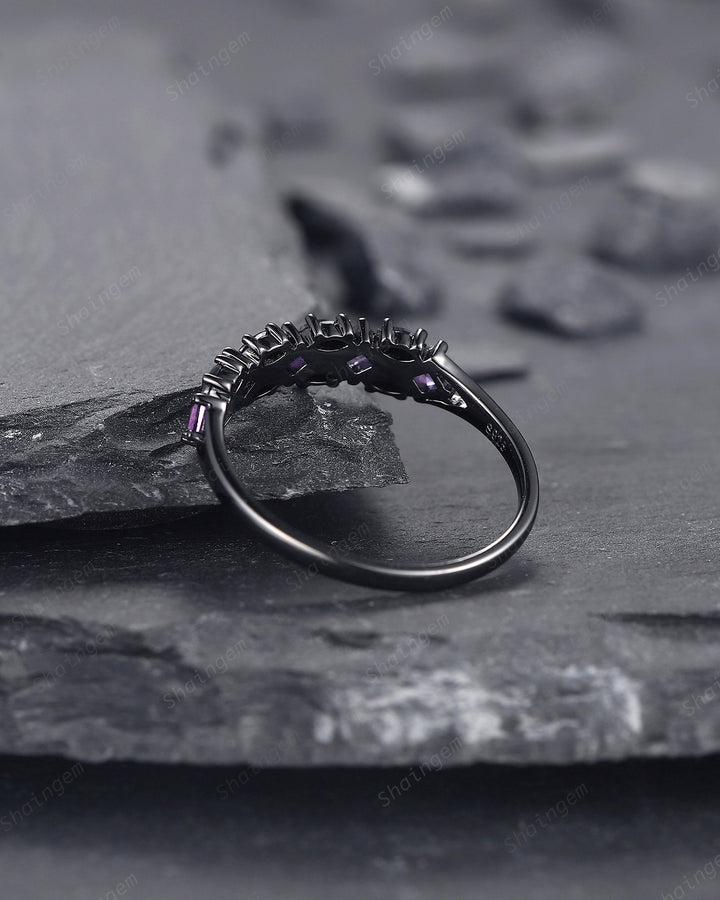 Black Gold Square Amethyst and Black Marquise Moissanite Wedding Band, Black Engagement Ring, Gothic Anniversary Promise Ring Matching Band - ShainJewelry