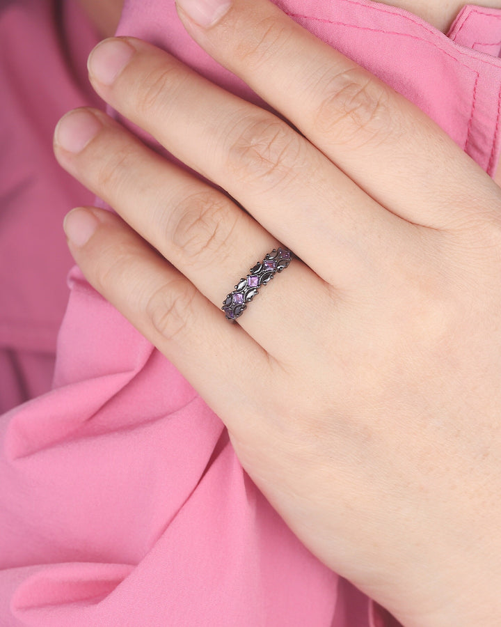 Black Gold Square Amethyst and Black Marquise Moissanite Wedding Band, Black Engagement Ring, Gothic Anniversary Promise Ring Matching Band - ShainJewelry
