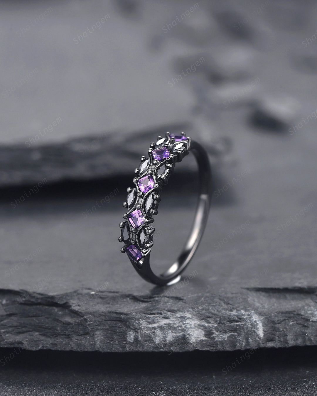 Black Gold Square Amethyst and Black Marquise Moissanite Wedding Band, Black Engagement Ring, Gothic Anniversary Promise Ring Matching Band - ShainJewelry