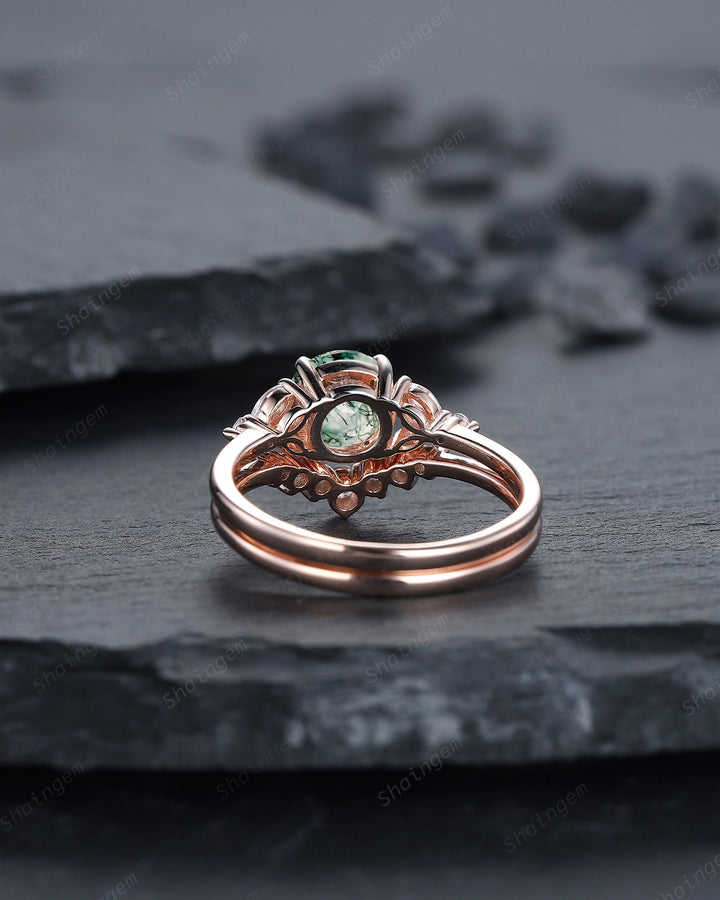 Vintage Moss Agate Engagement Ring Set, 14K Rose Gold Round Cut Moss Agate and Moissanite Promise Wedding Ring Gift, Bridal Set for her - ShainJewelry