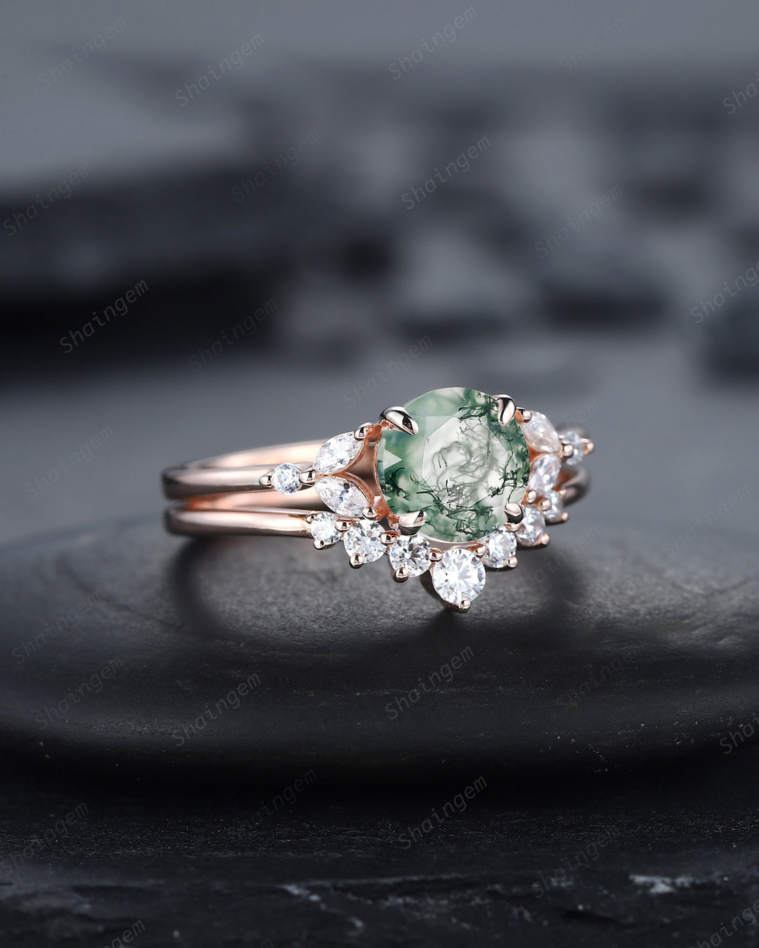 Vintage Moss Agate Engagement Ring Set, 14K Rose Gold Round Cut Moss Agate and Moissanite Promise Wedding Ring Gift, Bridal Set for her - ShainJewelry