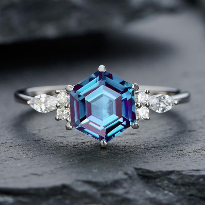 Platinum Hexagon Alexandrite Engagement Ring, Unique 14K White Gold Wedding Ring, Silver June Birthstone Anniversary Promise Ring For Women - ShainJewelry