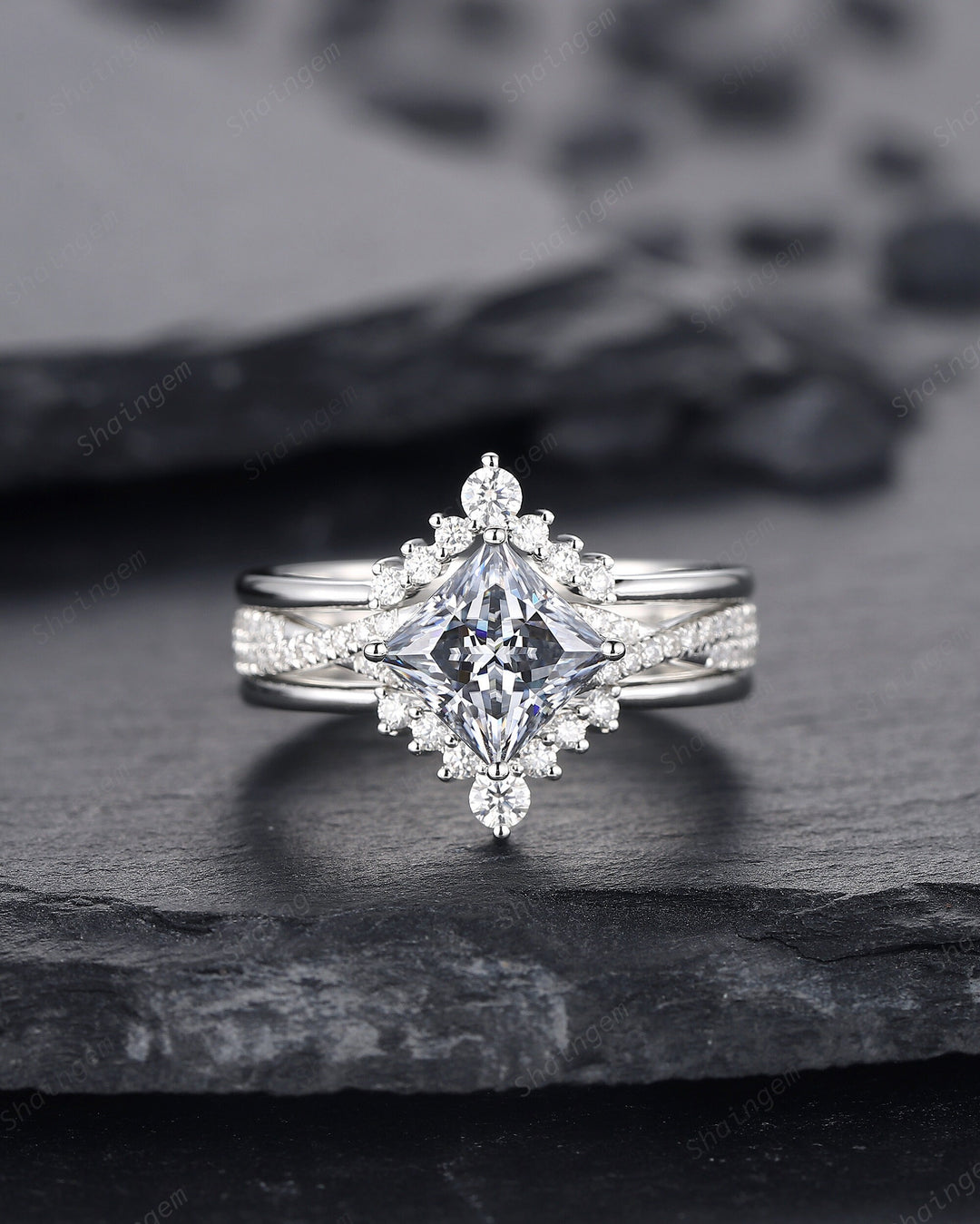 3PCS Princess Cut Gray Moissanite Engagement Ring, Art Deco Platinum Grey Moissanite Wedding Set White Gold Promise Ring Gift for Mom Women - ShainJewelry
