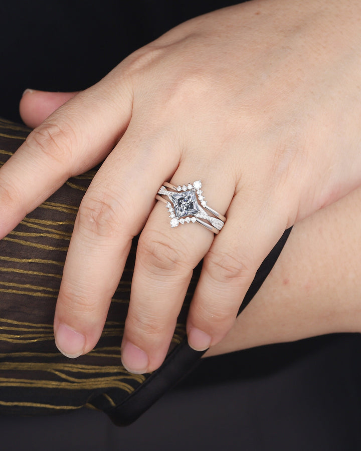 3PCS Princess Cut Gray Moissanite Engagement Ring, Art Deco Platinum Grey Moissanite Wedding Set White Gold Promise Ring Gift for Mom Women - ShainJewelry