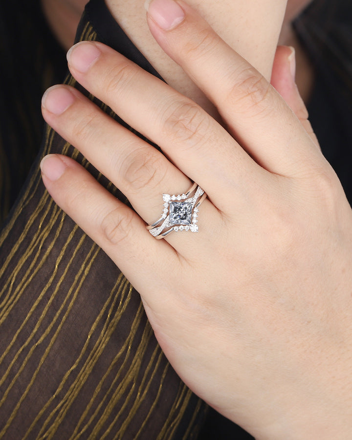3PCS Princess Cut Gray Moissanite Engagement Ring, Art Deco Platinum Grey Moissanite Wedding Set White Gold Promise Ring Gift for Mom Women - ShainJewelry