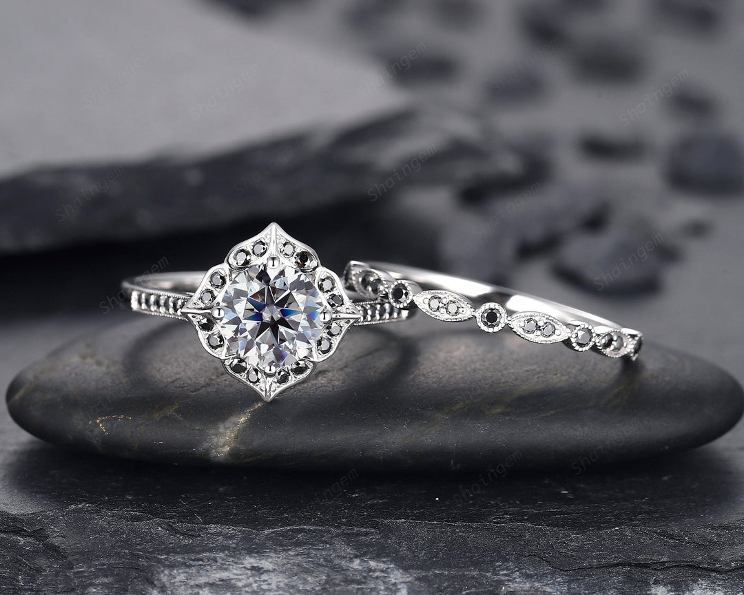 Vintage Round Cut Gray Moissanite Engagement Ring Set, Vintage White Gold Black Moissanite Halo Promise Wedding Ring Bridal Set, Floral Ring - ShainJewelry