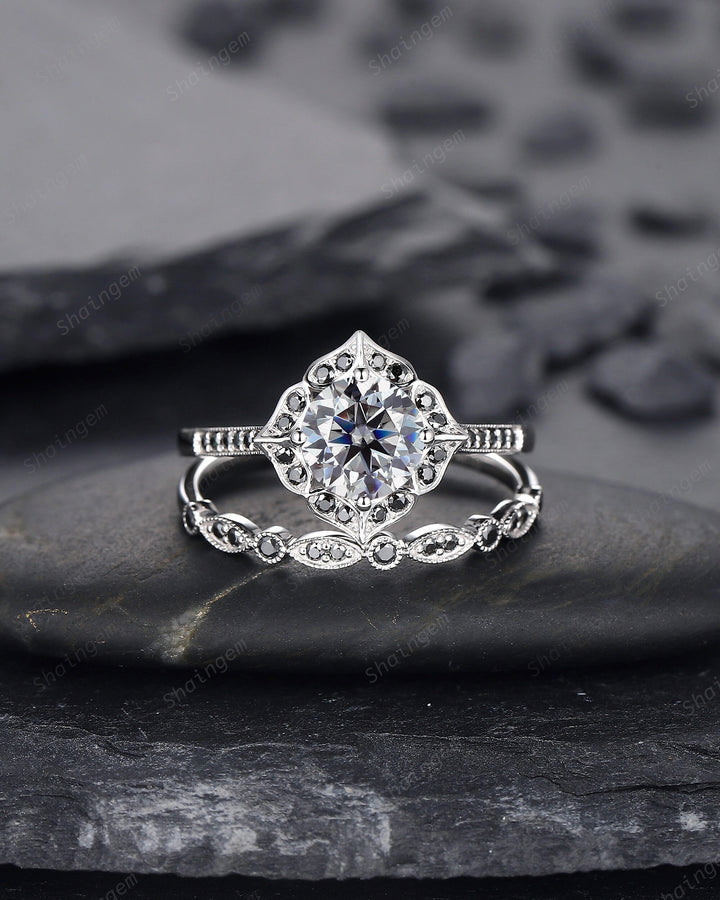 Vintage Round Cut Gray Moissanite Engagement Ring Set, Vintage White Gold Black Moissanite Halo Promise Wedding Ring Bridal Set, Floral Ring - ShainJewelry