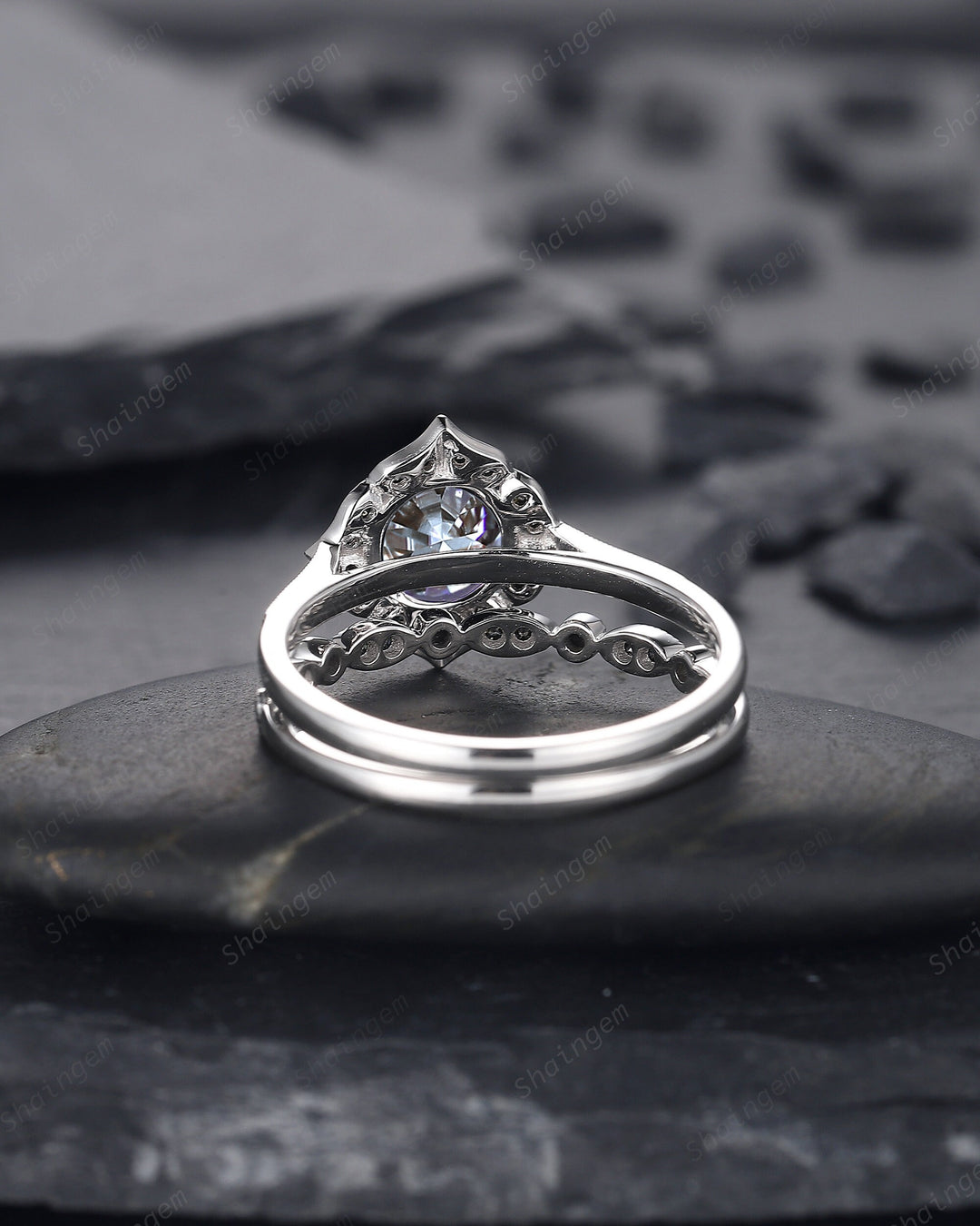 Vintage Round Cut Gray Moissanite Engagement Ring Set, Vintage White Gold Black Moissanite Halo Promise Wedding Ring Bridal Set, Floral Ring - ShainJewelry