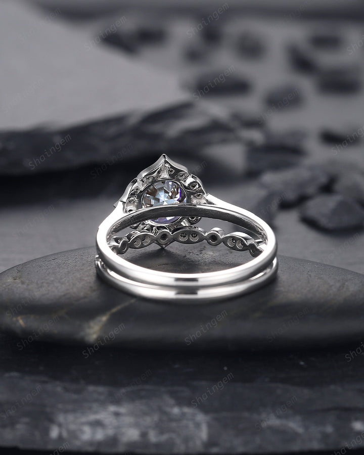 Vintage Round Cut Gray Moissanite Engagement Ring Set, Vintage White Gold Black Moissanite Halo Promise Wedding Ring Bridal Set, Floral Ring - ShainJewelry