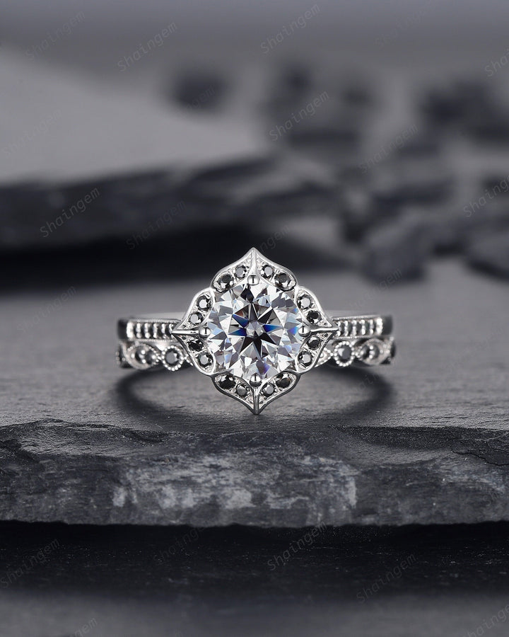 Vintage Round Cut Gray Moissanite Engagement Ring Set, Vintage White Gold Black Moissanite Halo Promise Wedding Ring Bridal Set, Floral Ring - ShainJewelry