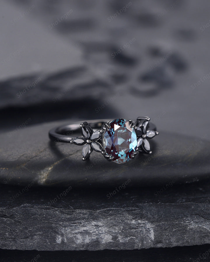 Oval Shape Alexandrite Cluster Black Moissanite Engagement Ring, Rhodium Black Promise Ring, Black Wedding Ring, Goth Anniversary Ring Gift - ShainJewelry