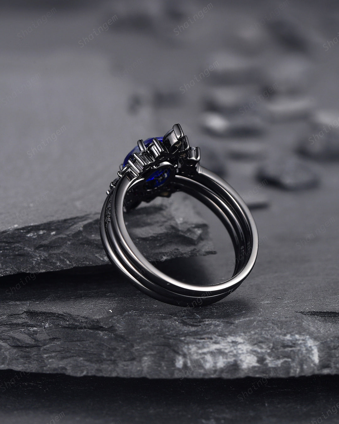 3PCS Oval Blue Sapphire Engagement Ring Set, Black Gold Finish Sapphire Halo Promise Ring Vintage Black Moissanite Wedding Ring , Bridal Set - ShainJewelry