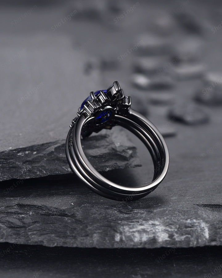 3PCS Oval Blue Sapphire Engagement Ring Set, Black Gold Finish Sapphire Halo Promise Ring Vintage Black Moissanite Wedding Ring , Bridal Set - ShainJewelry