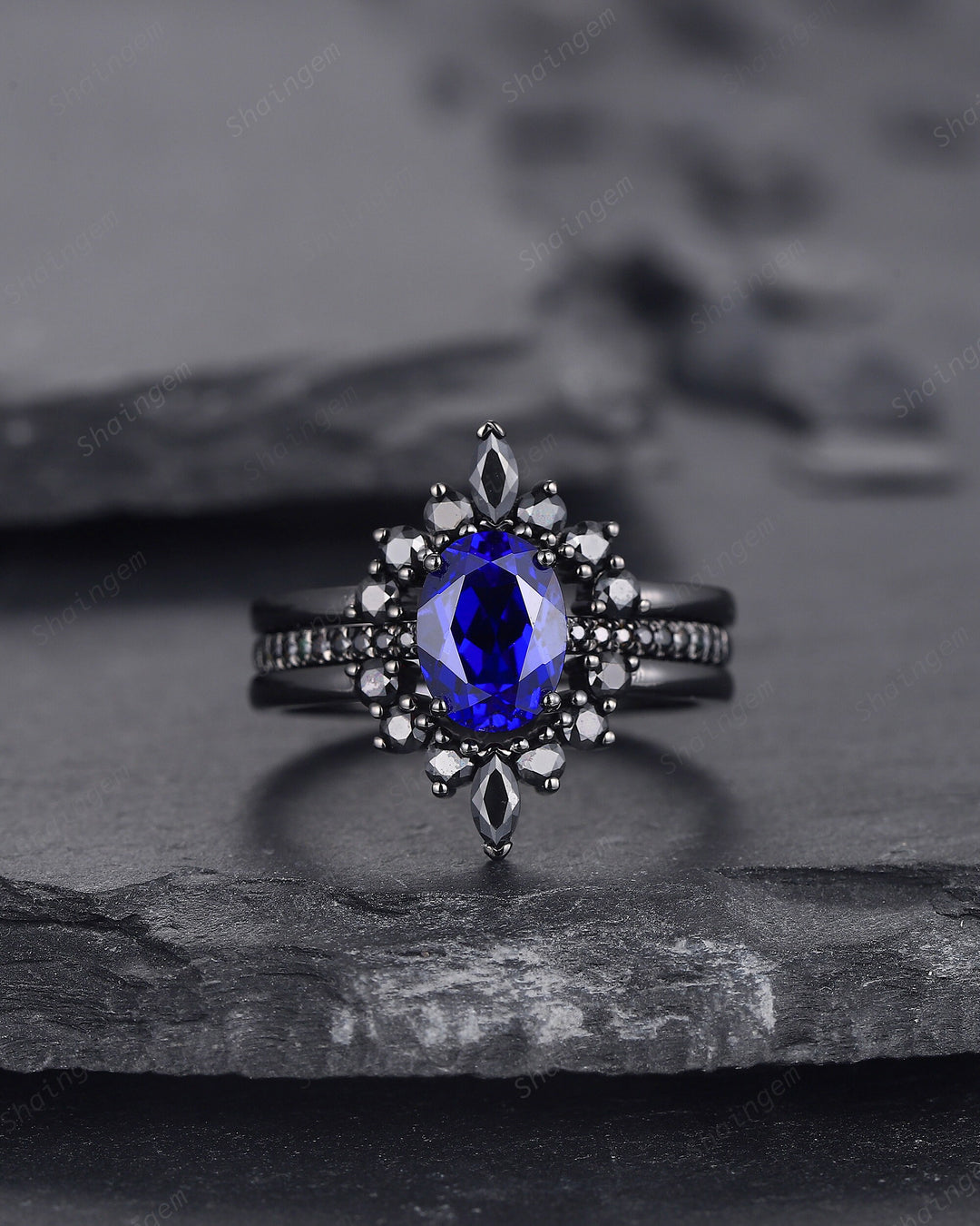 3PCS Oval Blue Sapphire Engagement Ring Set, Black Gold Finish Sapphire Halo Promise Ring Vintage Black Moissanite Wedding Ring , Bridal Set - ShainJewelry
