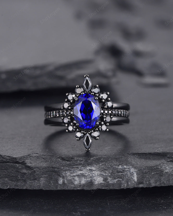 3PCS Oval Blue Sapphire Engagement Ring Set, Black Gold Finish Sapphire Halo Promise Ring Vintage Black Moissanite Wedding Ring , Bridal Set - ShainJewelry