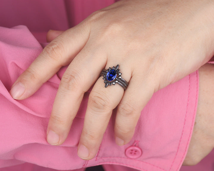 3PCS Oval Blue Sapphire Engagement Ring Set, Black Gold Finish Sapphire Halo Promise Ring Vintage Black Moissanite Wedding Ring , Bridal Set - ShainJewelry