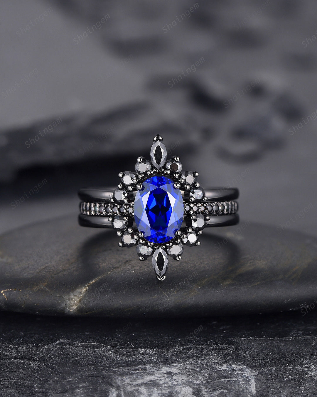 3PCS Oval Blue Sapphire Engagement Ring Set, Black Gold Finish Sapphire Halo Promise Ring Vintage Black Moissanite Wedding Ring , Bridal Set - ShainJewelry