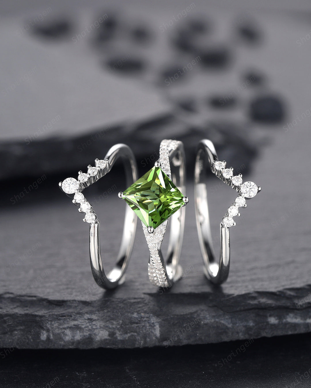 3PCS Princess Cut Peridot Engagement Ring Set, Art Deco Peridot Wedding Set, 14K 18K White Gold Promise Ring Gift Vintage Peridot Bridal Set - ShainJewelry