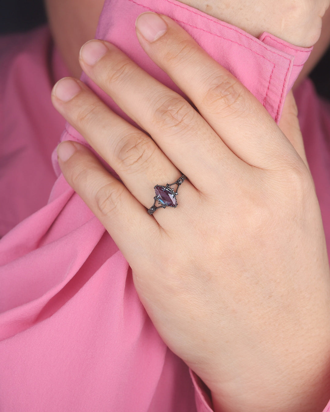 Gothic Black Gold Marquise Alexandrite Engagement Ring, Rhodium Black Alexandrite Promise Ring, Witchy Black Promise Anniversary Ring Gift - ShainJewelry