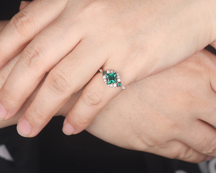 Vintage Princess Cut Emerald Engagement Ring, Emerald and Cluster Moissanite Wedding Ring 14K Rose Gold Anniversary Promise Ring for Her - ShainJewelry