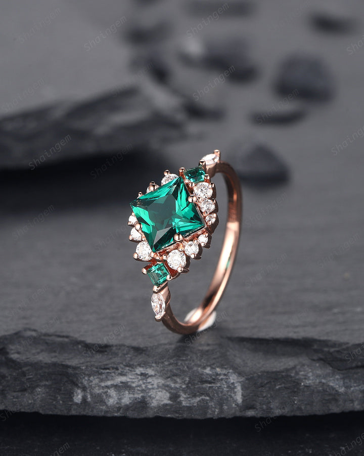Vintage Princess Cut Emerald Engagement Ring, Emerald and Cluster Moissanite Wedding Ring 14K Rose Gold Anniversary Promise Ring for Her - ShainJewelry