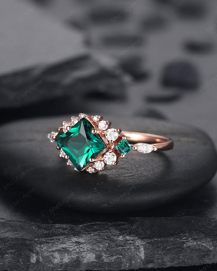 Vintage Princess Cut Emerald Engagement Ring, Emerald and Cluster Moissanite Wedding Ring 14K Rose Gold Anniversary Promise Ring for Her - ShainJewelry