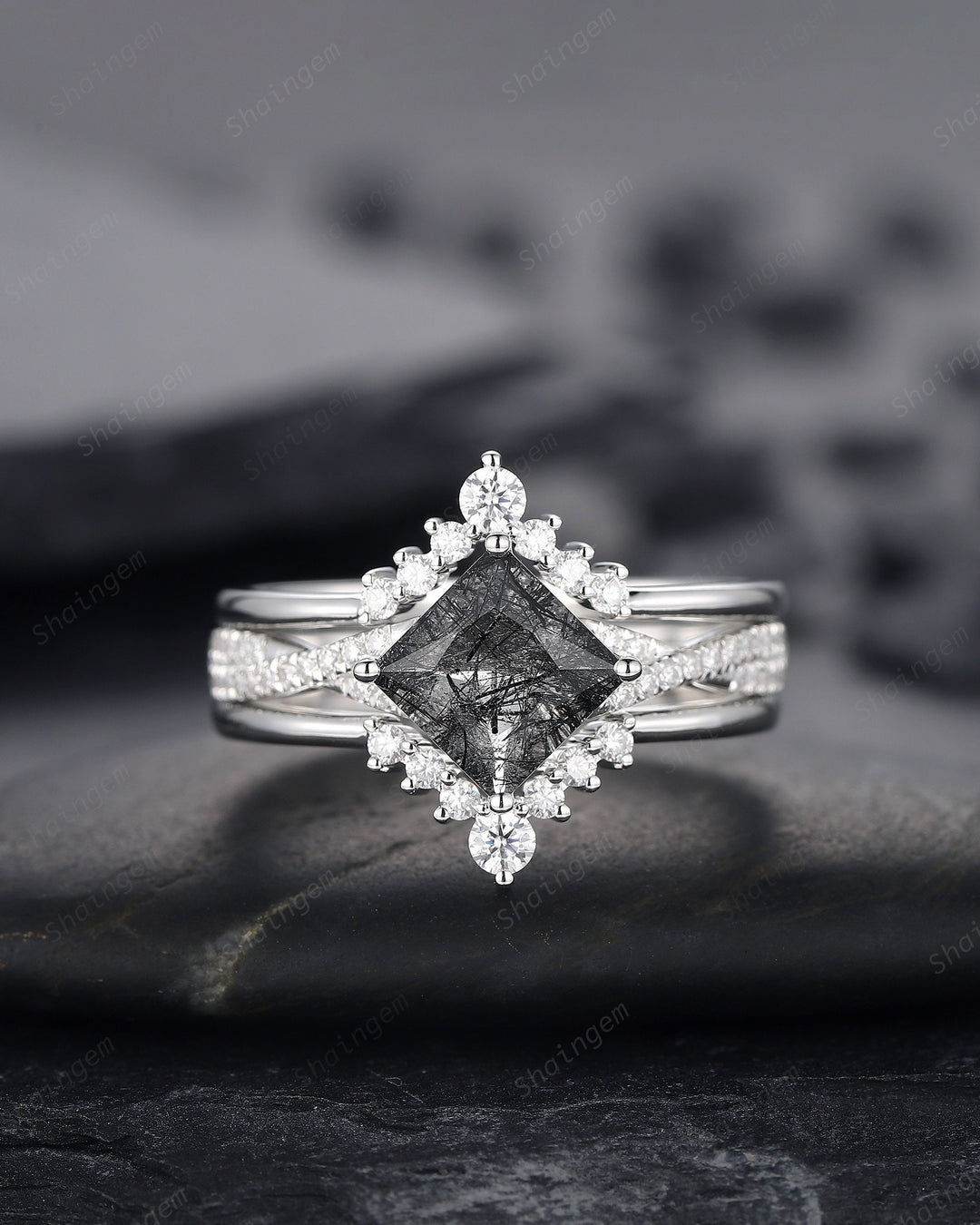 Platinum Princess Cut Black Rutilated Bridal Set, Black Rutilated Engagement Ring Set, Black Rutilated Wedding Ring, White Gold Promise Ring - ShainJewelry