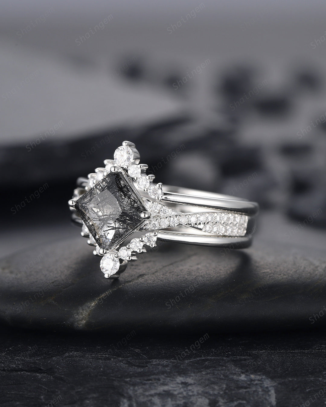 Platinum Princess Cut Black Rutilated Bridal Set, Black Rutilated Engagement Ring Set, Black Rutilated Wedding Ring, White Gold Promise Ring - ShainJewelry