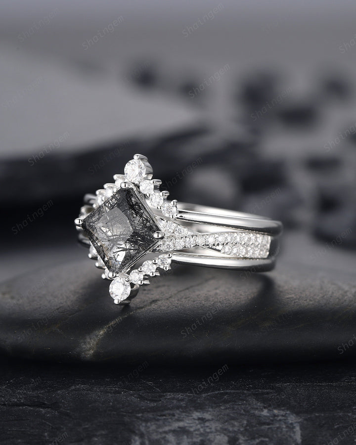 Platinum Princess Cut Black Rutilated Bridal Set, Black Rutilated Engagement Ring Set, Black Rutilated Wedding Ring, White Gold Promise Ring - ShainJewelry