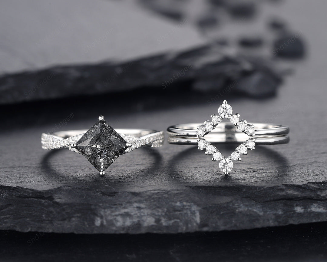 Platinum Princess Cut Black Rutilated Bridal Set, Black Rutilated Engagement Ring Set, Black Rutilated Wedding Ring, White Gold Promise Ring - ShainJewelry