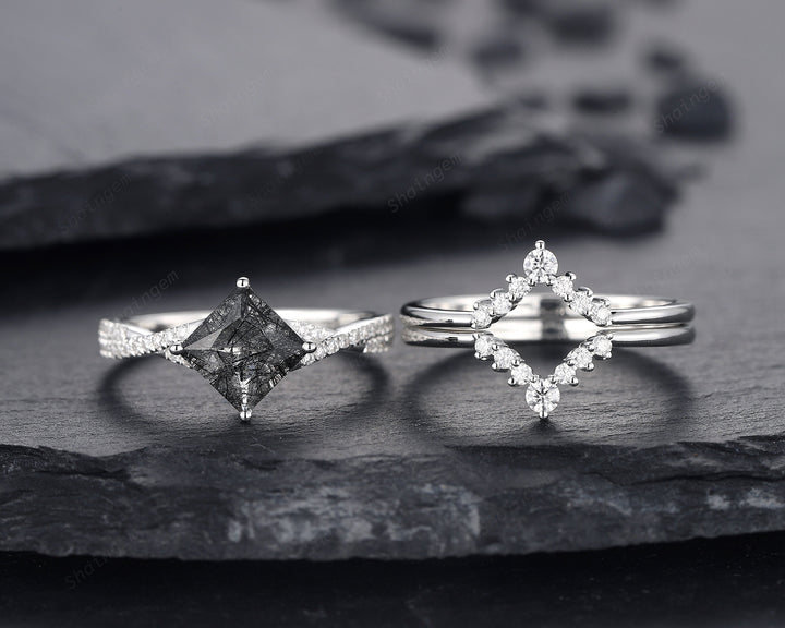 Platinum Princess Cut Black Rutilated Bridal Set, Black Rutilated Engagement Ring Set, Black Rutilated Wedding Ring, White Gold Promise Ring - ShainJewelry