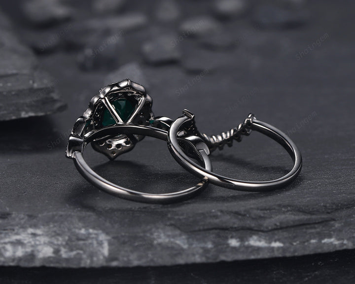 Black Gold Oval Shape Emerald Engagement Ring Set, Vintage Rhodium Black Floral Halo Promise Ring, Black Wedding Ring Gift Gothic Bridal Set - ShainJewelry