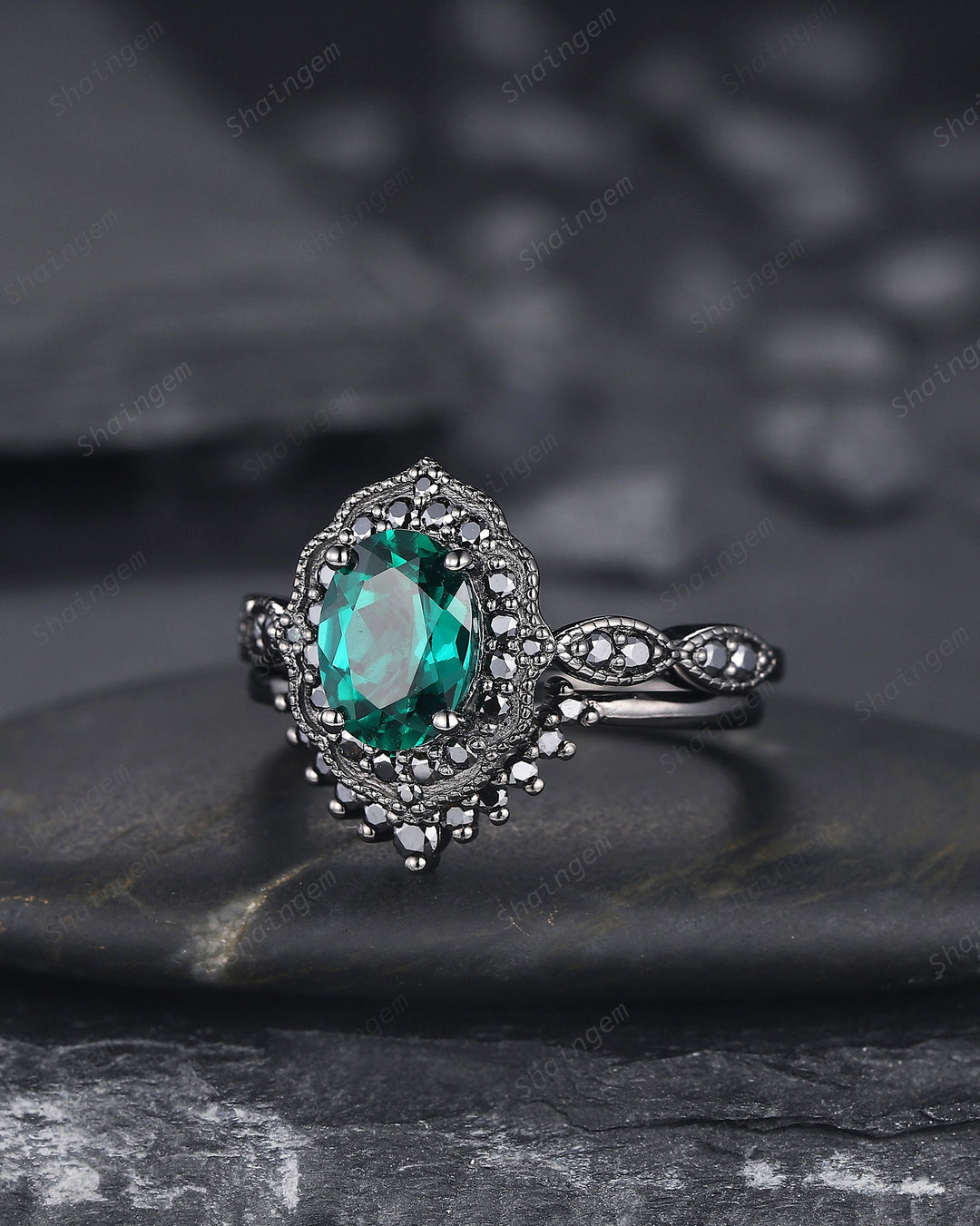 Black Gold Oval Shape Emerald Engagement Ring Set, Vintage Rhodium Black Floral Halo Promise Ring, Black Wedding Ring Gift Gothic Bridal Set - ShainJewelry