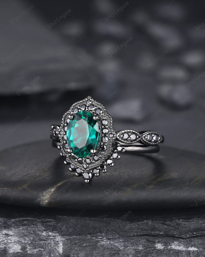 Black Gold Oval Shape Emerald Engagement Ring Set, Vintage Rhodium Black Floral Halo Promise Ring, Black Wedding Ring Gift Gothic Bridal Set - ShainJewelry