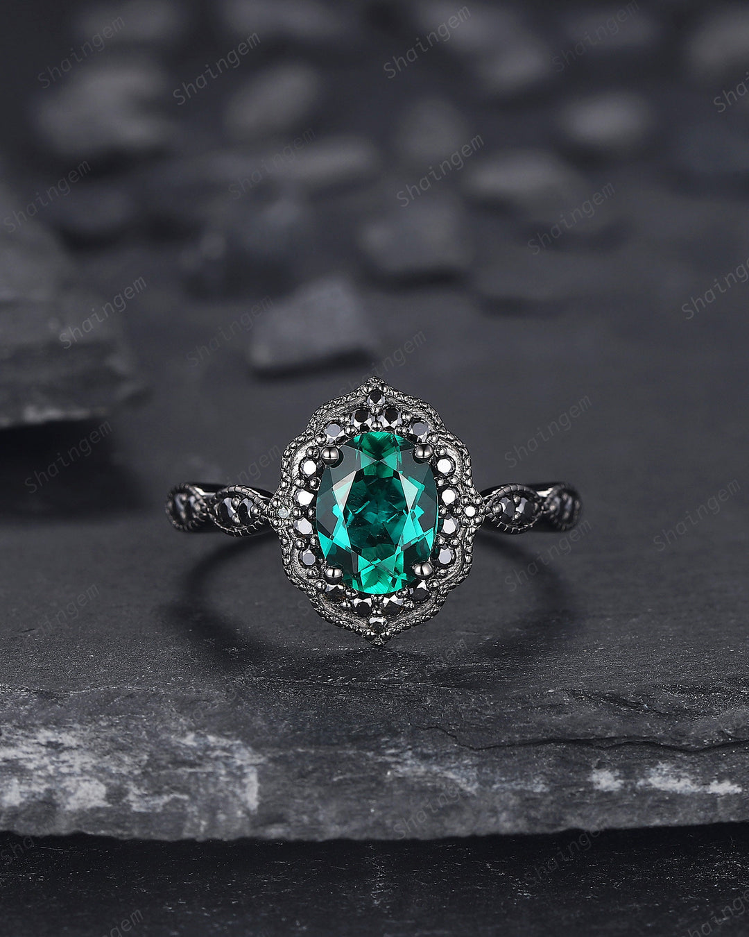 Black Gold Oval Shape Emerald Engagement Ring Set, Vintage Rhodium Black Floral Halo Promise Ring, Black Wedding Ring Gift Gothic Bridal Set - ShainJewelry