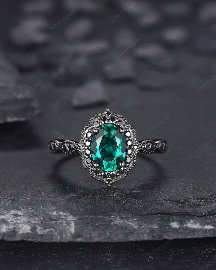 Black Gold Oval Shape Emerald Engagement Ring Set, Vintage Rhodium Black Floral Halo Promise Ring, Black Wedding Ring Gift Gothic Bridal Set - ShainJewelry