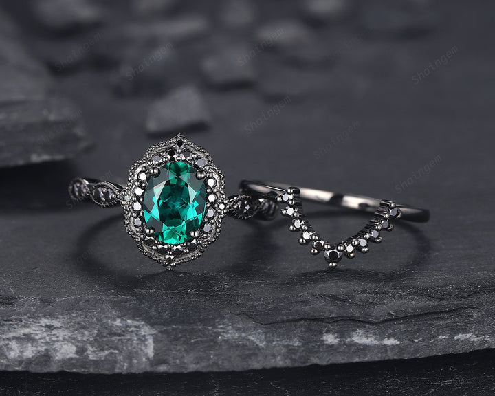 Black Gold Oval Shape Emerald Engagement Ring Set, Vintage Rhodium Black Floral Halo Promise Ring, Black Wedding Ring Gift Gothic Bridal Set - ShainJewelry