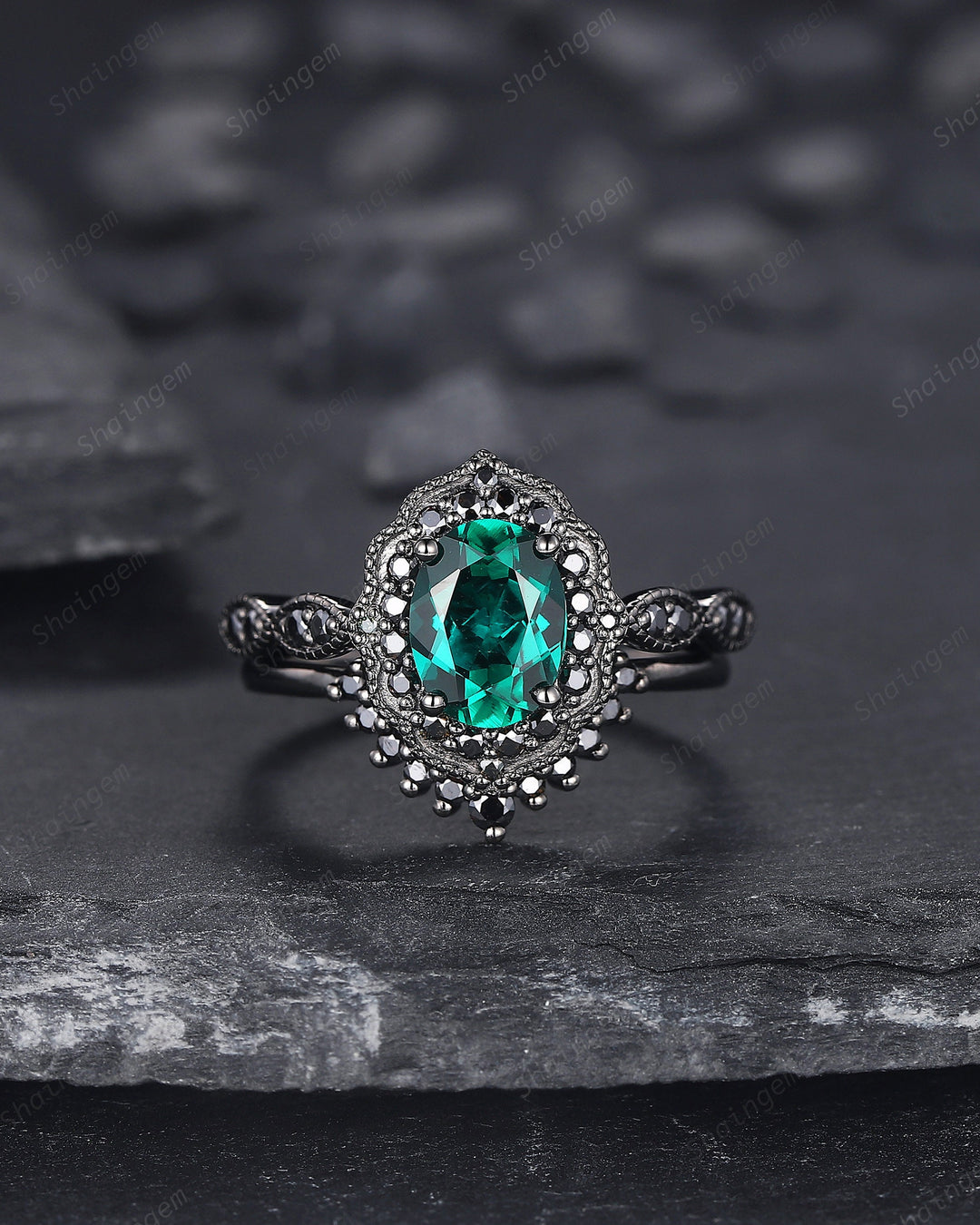 Black Gold Oval Shape Emerald Engagement Ring Set, Vintage Rhodium Black Floral Halo Promise Ring, Black Wedding Ring Gift Gothic Bridal Set - ShainJewelry