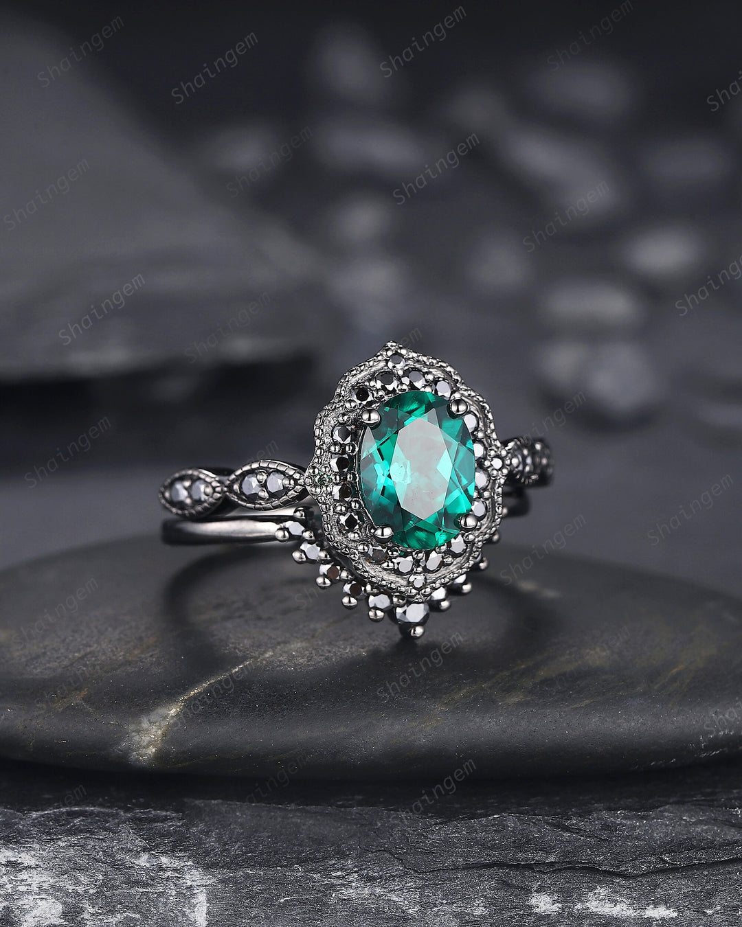 Black Gold Oval Shape Emerald Engagement Ring Set, Vintage Rhodium Black Floral Halo Promise Ring, Black Wedding Ring Gift Gothic Bridal Set - ShainJewelry