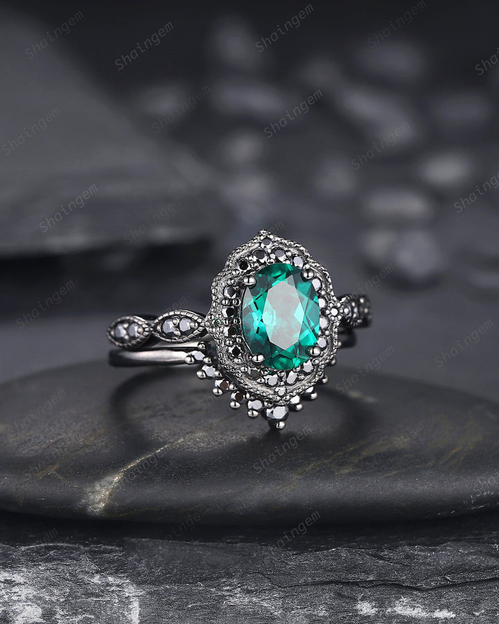 Black Gold Oval Shape Emerald Engagement Ring Set, Vintage Rhodium Black Floral Halo Promise Ring, Black Wedding Ring Gift Gothic Bridal Set - ShainJewelry