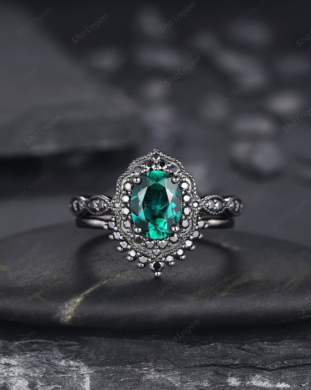 Black Gold Oval Shape Emerald Engagement Ring Set, Vintage Rhodium Black Floral Halo Promise Ring, Black Wedding Ring Gift Gothic Bridal Set - ShainJewelry