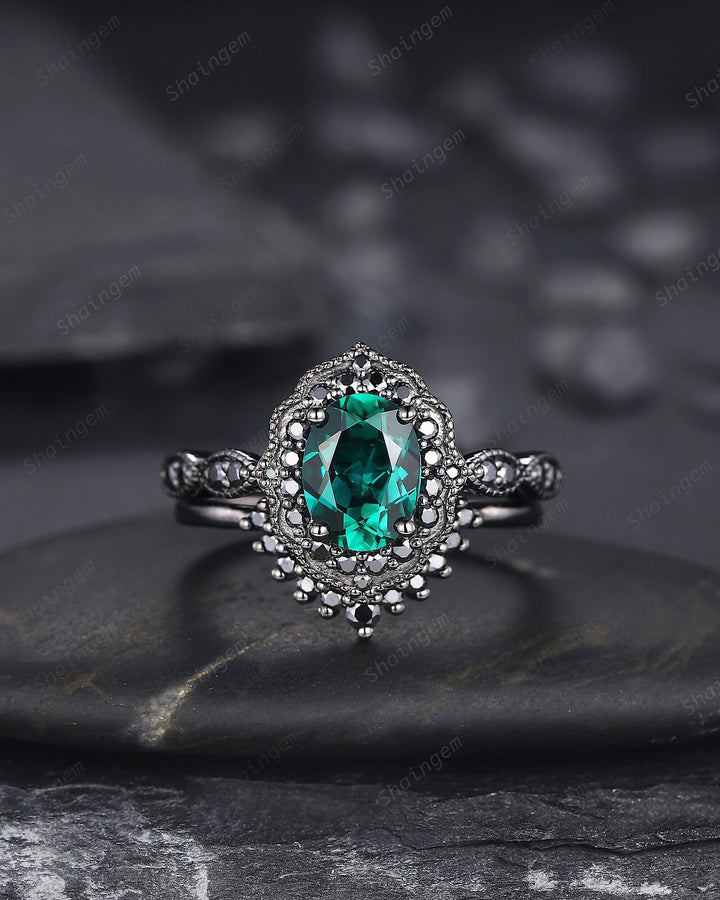 Black Gold Oval Shape Emerald Engagement Ring Set, Vintage Rhodium Black Floral Halo Promise Ring, Black Wedding Ring Gift Gothic Bridal Set - ShainJewelry