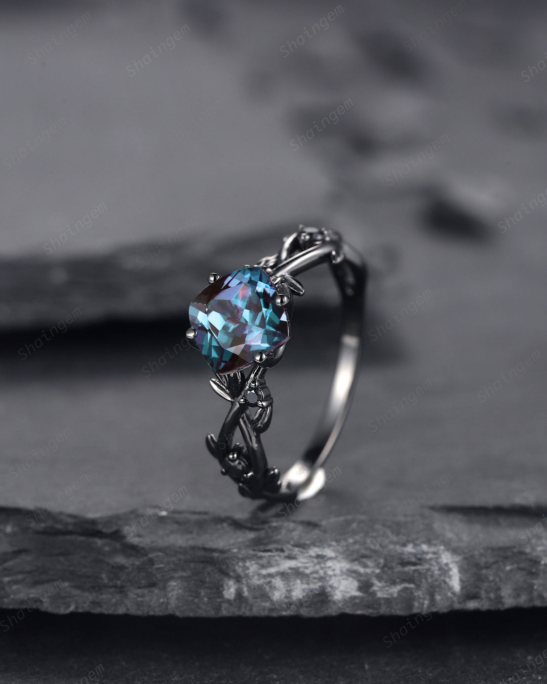 Black Gold Cushion Cut Alexandrite Engagement Ring, Rhodium Black Leaf Bridal Ring, Black Promise Ring, Gothic Black Twig Wedding Ring Gift - ShainJewelry